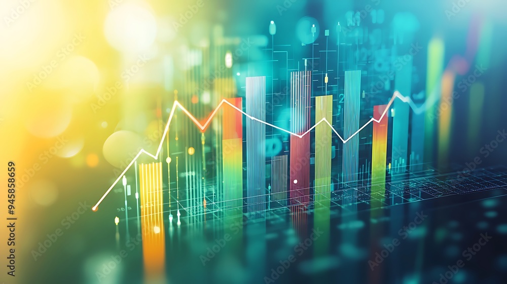 An abstract financial chart with bar and line graphs set against a blue backdrop. An abstract financial chart with bar and line graphs set against a blue backdrop.