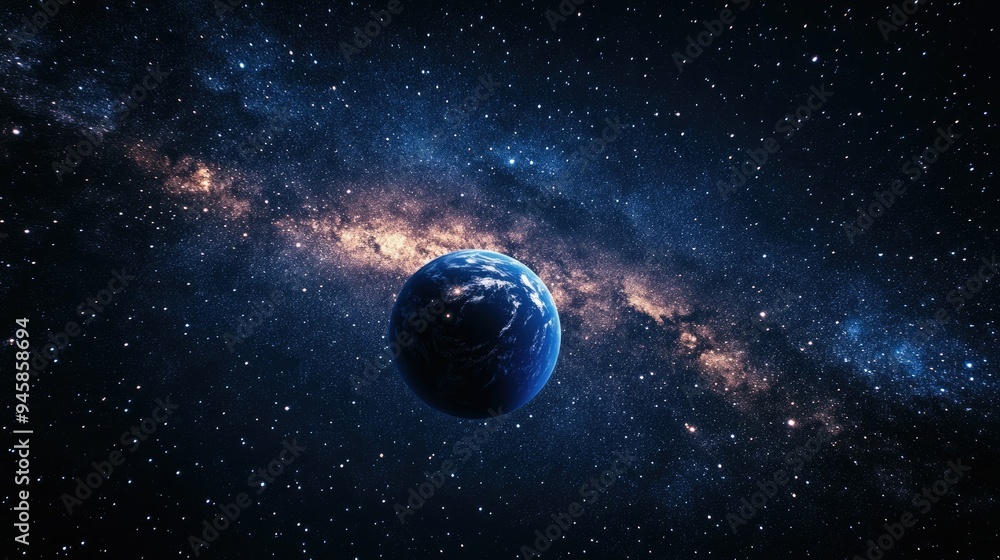 Obraz premium Night sky full of stars, with Planet Earth illuminated, an inspiring cosmic view.