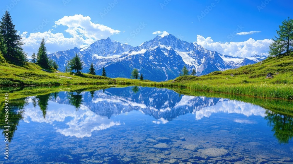 Snow-capped mountains reflected in a clear, still alpine lake under a bright blue sky. Snow-capped mountains reflected in a clear, still alpine lake under a bright blue sky.