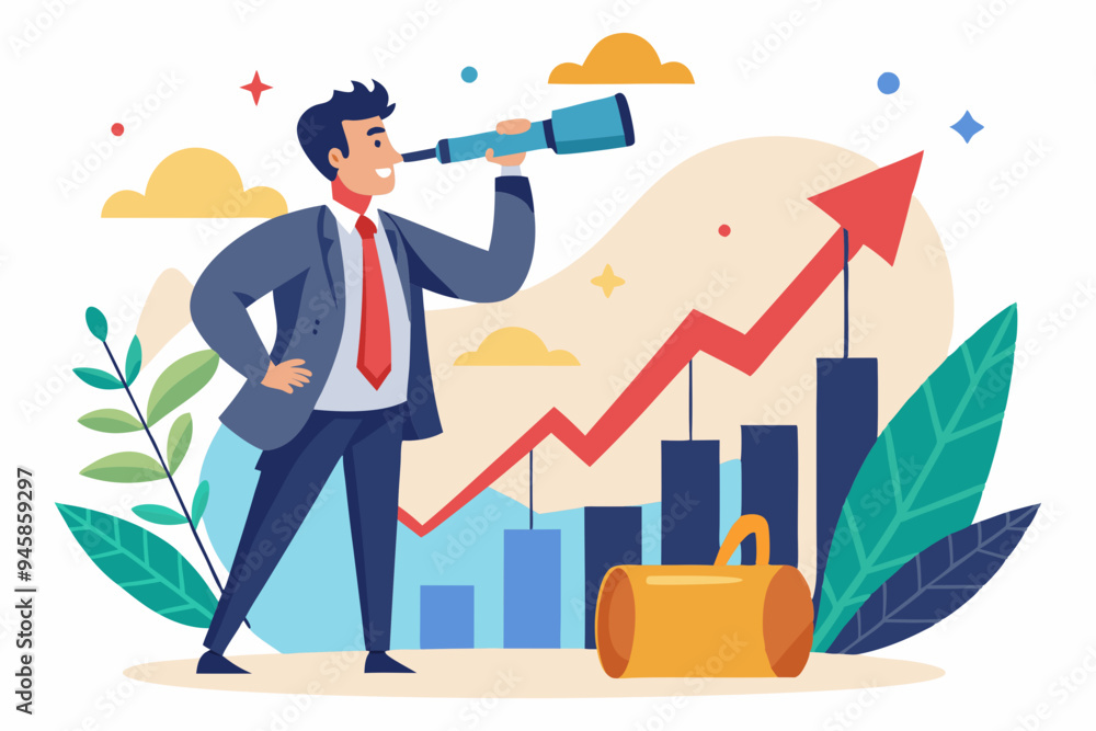 Forecast or prediction to see or analyze future opportunity, forwarding data analysis, leadership vision or discover investment plan concept, businessman look through telescope to see forecast chart. Forecast or prediction to see or analyze future opportunity, forwarding data analysis, leadership vision or discover investment plan concept, businessman look through telescope to see forecast chart.