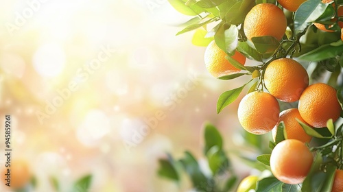 Orange tree with vibrant fruits in the corner, with a blurred background and space for text.