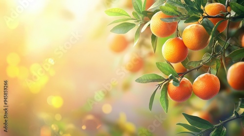 Orange tree with vibrant fruits in the corner, with a blurred background and space for text.