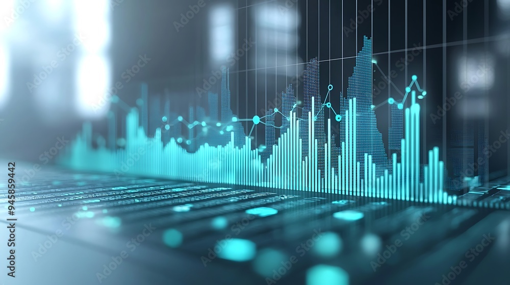 An abstract futuristic data visualization with blue and green bar graphs. An abstract futuristic data visualization with blue and green bar graphs.