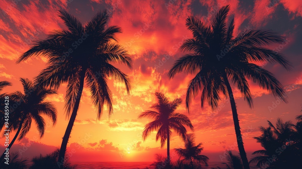 Obraz premium Palm trees silhouetted against a vibrant, fiery sunset, with warm orange and red hues filling the sky, creating a tropical paradise vibe.
