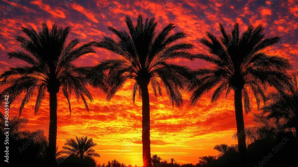 Obraz premium Palm trees silhouetted against a vibrant, fiery sunset, with warm orange and red hues filling the sky, creating a tropical paradise vibe.