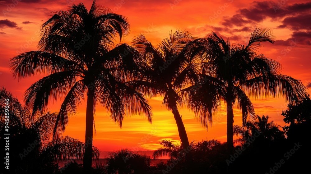 Obraz premium Palm trees silhouetted against a vibrant, fiery sunset, with warm orange and red hues filling the sky, creating a tropical paradise vibe.