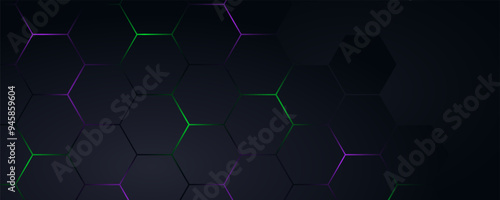 Dark hexagonal technology abstract vector background with purple and green colored bright flashes under hexagon. Hexagonal gaming vector.