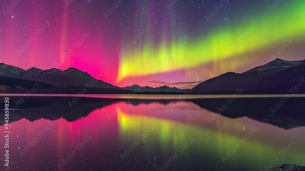 The aurora borealis creates a vivid arch over a still mountain lake, the reflection amplifying its vibrant colors. The aurora borealis creates a vivid arch over a still mountain lake, the reflection amplifying its vibrant colors.