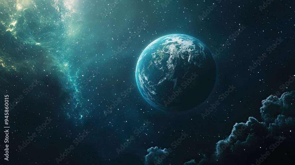 Planet Earth shining under a star-filled sky, perfect for a cosmic and futuristic theme. Planet Earth shining under a star-filled sky, perfect for a cosmic and futuristic theme.