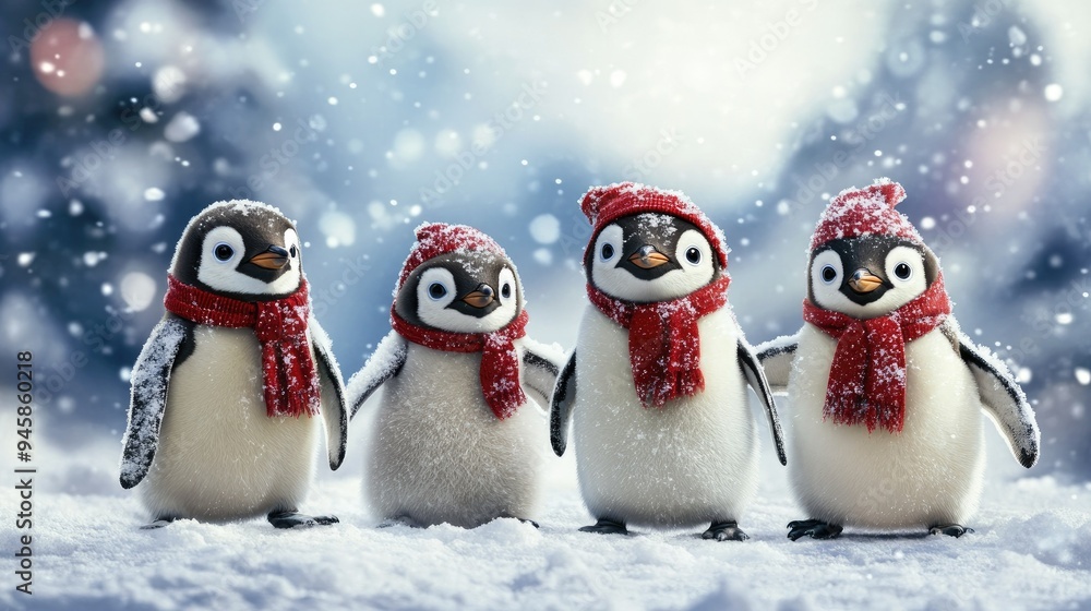 Playful group of emperor penguins in winter clothes, showcasing their personalities in a chilly, comedic setting. Playful group of emperor penguins in winter clothes, showcasing their personalities in a chilly, comedic setting.