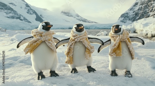Playful group of emperor penguins in winter clothes, showcasing their personalities in a chilly, comedic setting.
