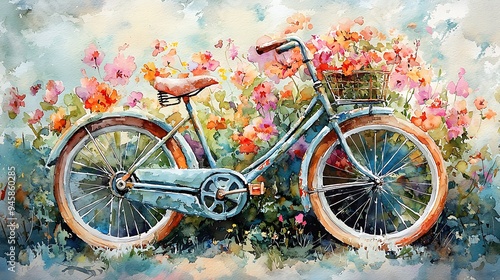 A watercolor painting of a bicycle resting in a serene flower garden.