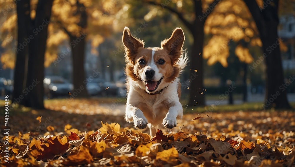 Dog jumping from a pile of autumn leaves in a park Dog jumping from a pile of autumn leaves in a park