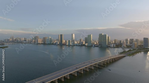 Aerial view of biscayne bay with modern skyline and julia tuttle causeway at sunset, miami, united states. photo