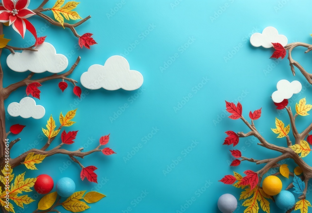 Colorful Autumn Leaves and Clouds on a Blue Background. Colorful Autumn Leaves and Clouds on a Blue Background.
