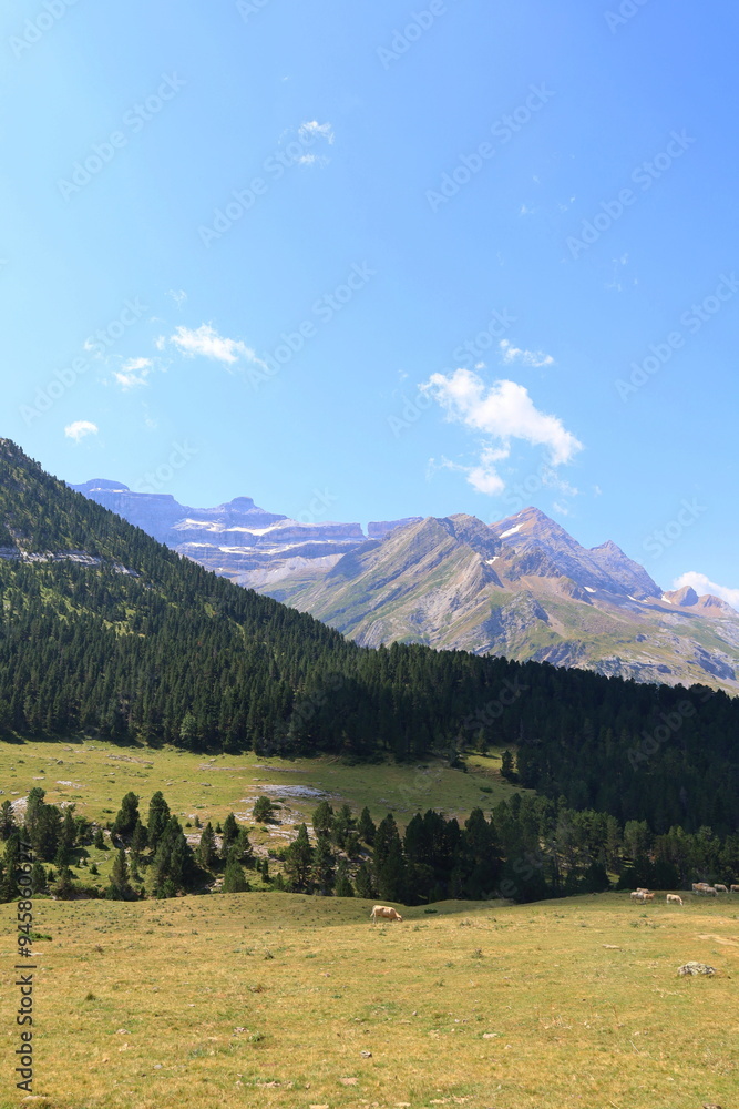 Mountain valley in the most popular place of French Pyrenees in Gavarnie on GR10 long distance hiking trail, Europe Mountain valley in the most popular place of French Pyrenees in Gavarnie on GR10 long distance hiking trail, Europe