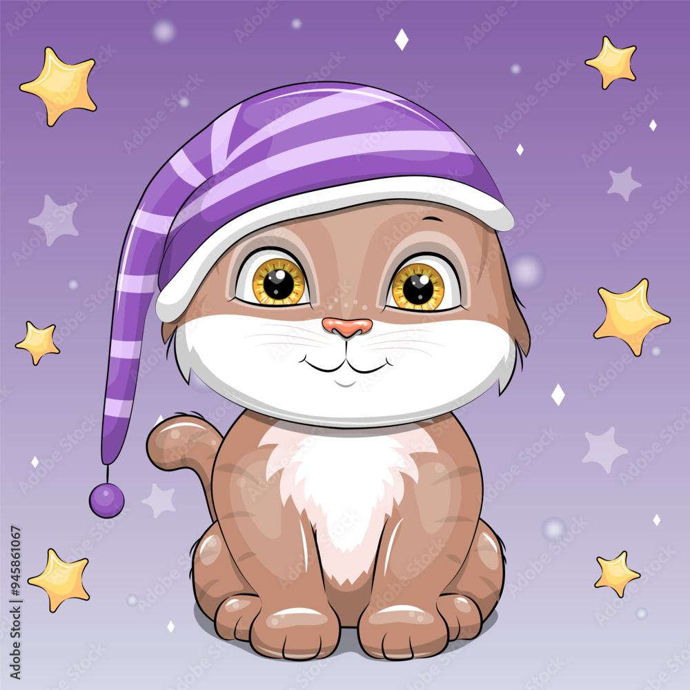 Fototapeta premium A cute cartoon cat in a nightcap. Night vector illustration with animal on a lilac background with stars.