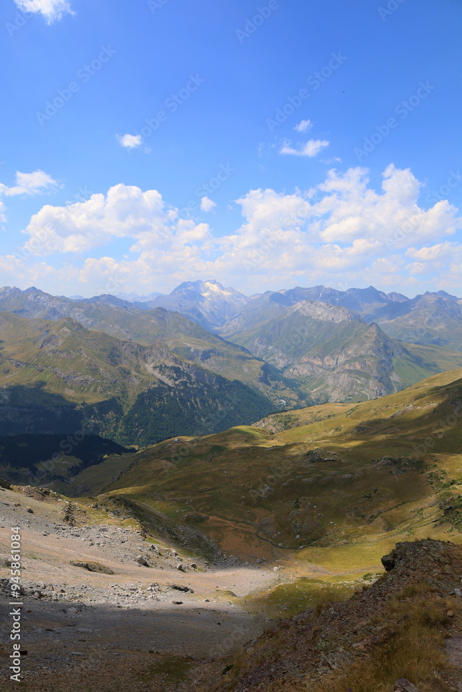 Mountain valley in the most popular place of French Pyrenees in Gavarnie on GR10 long distance hiking trail, Europe Mountain valley in the most popular place of French Pyrenees in Gavarnie on GR10 long distance hiking trail, Europe