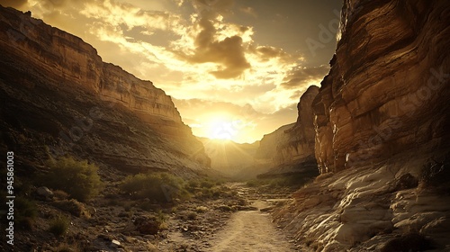 Sun Setting Over a Canyon with a Dusty Path