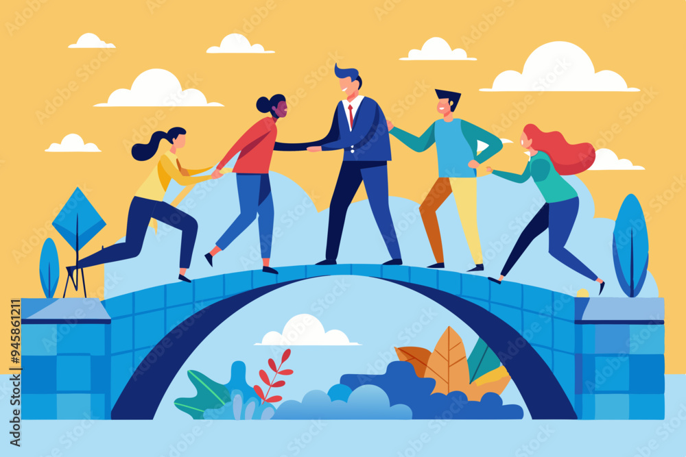Build business bridge connect path together, solution or teamwork idea, cooperation or collaboration to success together concept, business people team help building the bridge to connect the way.
Build business bridge connect path together, solution or teamwork idea, cooperation or collaboration to success together concept, business people team help building the bridge to connect the way.