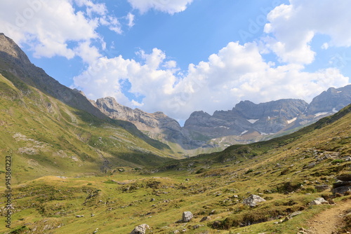 Mountain valley in the most popular place of French Pyrenees in Gavarnie on GR10 long distance hiking trail, Europe