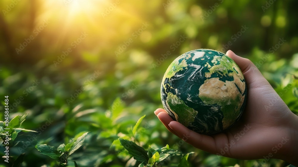 In front of a plant, a close-up of a child's hand holding a globe ball. Stock. In front of a plant, a close-up of a child's hand holding a globe ball. Stock.