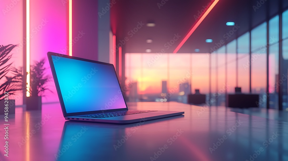 A laptop on a desk in a modern office, highlighted by neon lights and a city skyline. A laptop on a desk in a modern office, highlighted by neon lights and a city skyline.