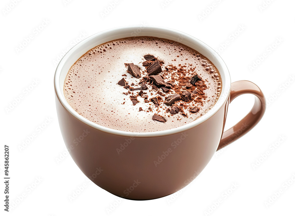 Cup of hot cocoa with chocolate flakes, isolated on transparent cutout background Cup of hot cocoa with chocolate flakes, isolated on transparent cutout background