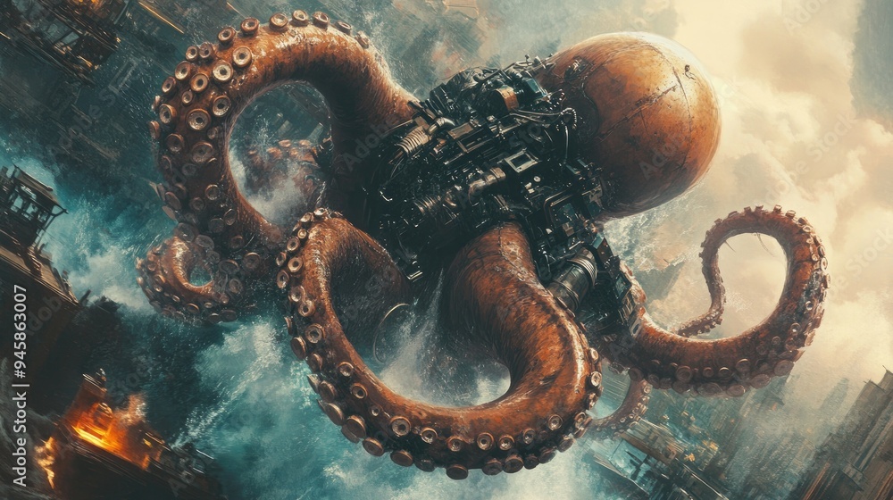 A steampunk octopus battling a giant squid, its mechanical arms clashing against the creature's tentacles A steampunk octopus battling a giant squid, its mechanical arms clashing against the creature's tentacles