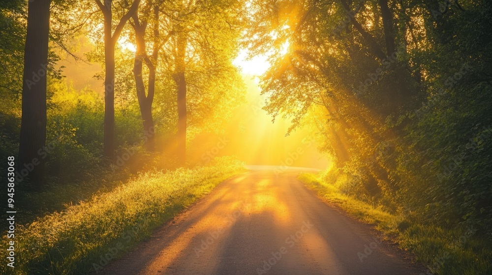 Serene sunrise over a beautiful forest road, bathed in warm light, inviting a peaceful journey. Serene sunrise over a beautiful forest road, bathed in warm light, inviting a peaceful journey.