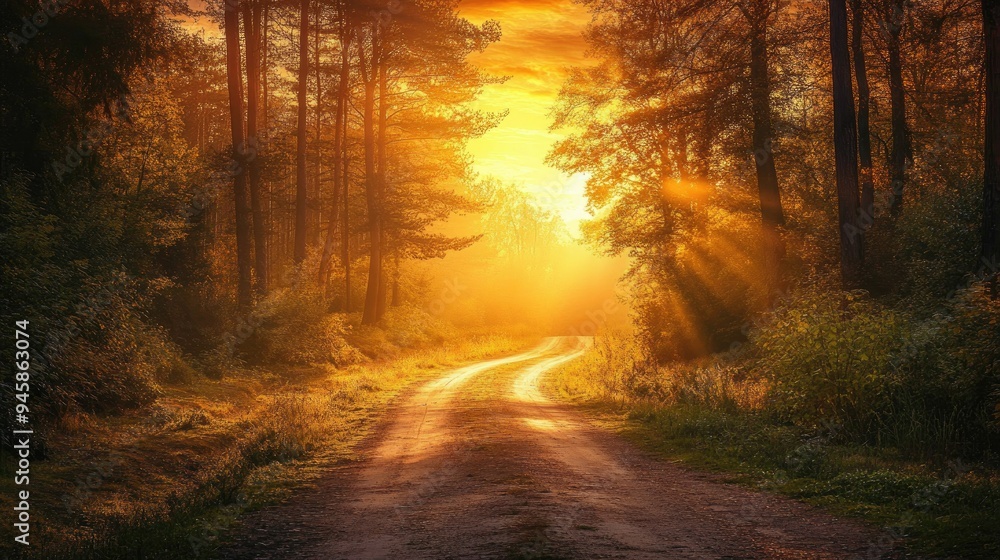 Obraz premium Serene sunrise over a beautiful forest road, bathed in warm light, inviting a peaceful journey.