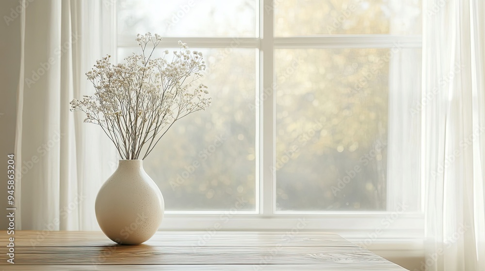 Serene white window with a simple vase on a wooden table, highlighting minimalist and fresh design. Serene white window with a simple vase on a wooden table, highlighting minimalist and fresh design.