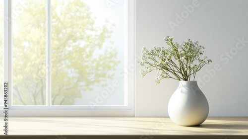 Wallpaper Mural Serene white window with a simple vase on a wooden table, highlighting minimalist and fresh design. Torontodigital.ca