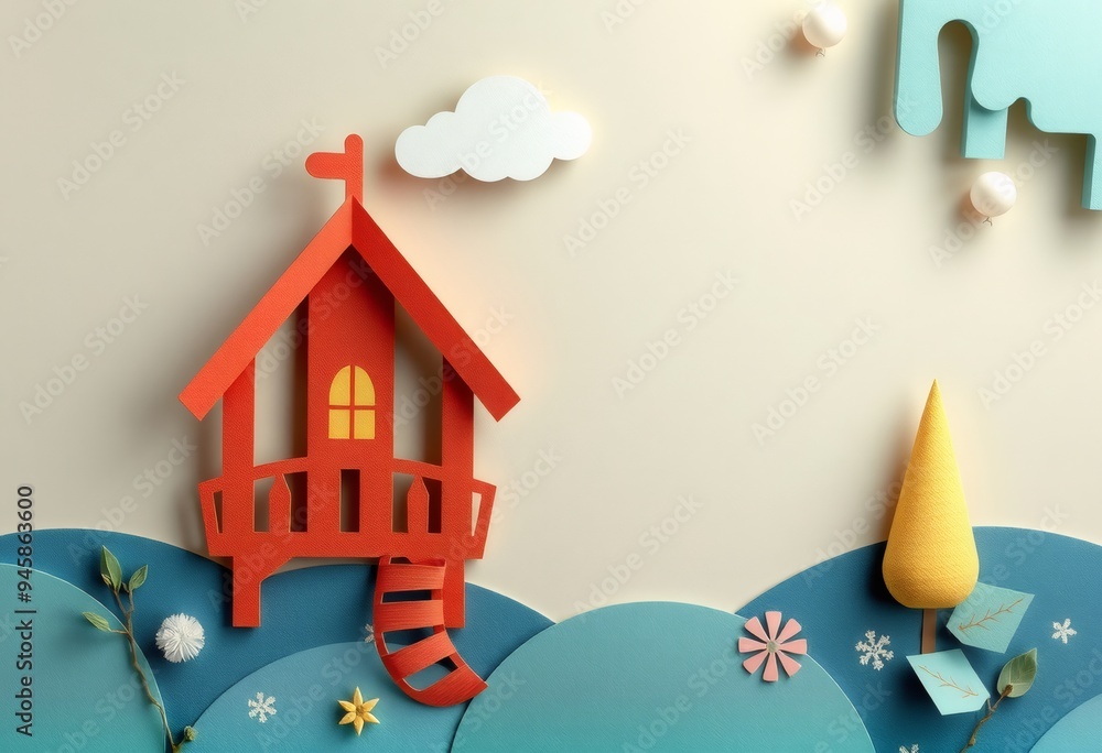 Red paper house on blue hills with a yellow tree and a white cloud. Red paper house on blue hills with a yellow tree and a white cloud.