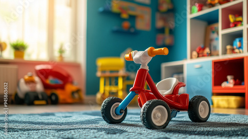 Children's tricycle for the little ones in the children's room. Children's leisure. Copy space.