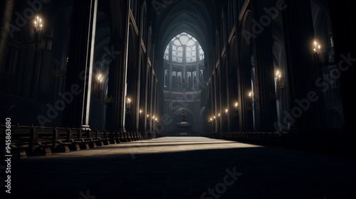 Gothic Cathedral Nave With Rows Of Candles And Ornate Stonework