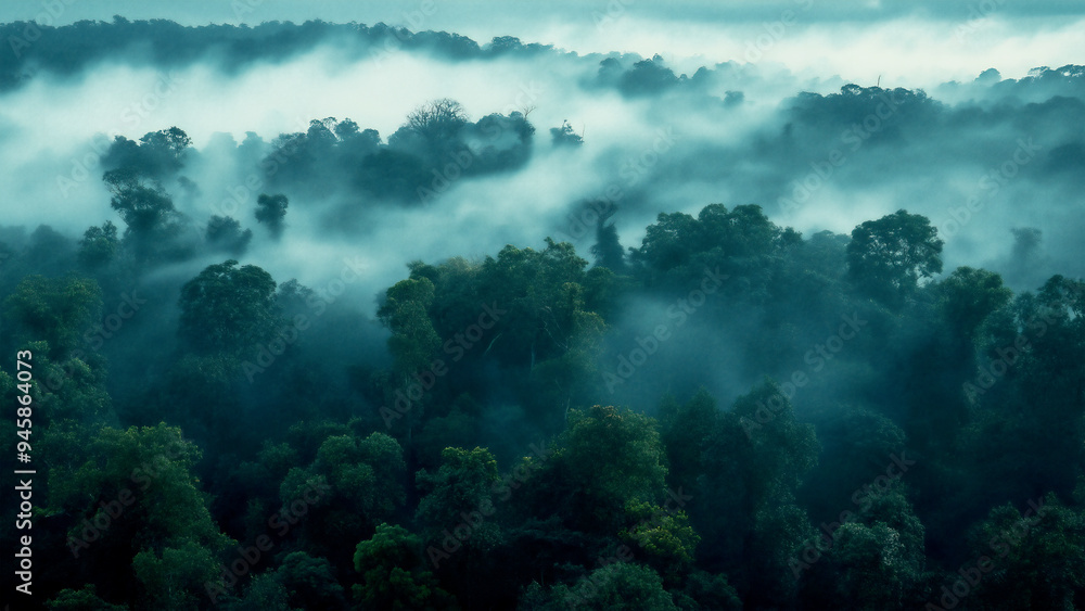 Aerial view of a dense jungle forest with fog and clouds, a rainforest landscape. Aerial view of a dense jungle forest with fog and clouds, a rainforest landscape.