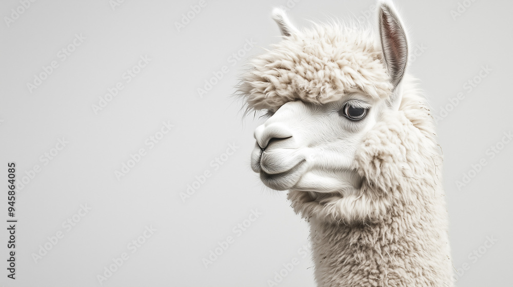 Fototapeta premium Portrait of white alpaca on white background. Close-up of suri alpaca head. Copy space.