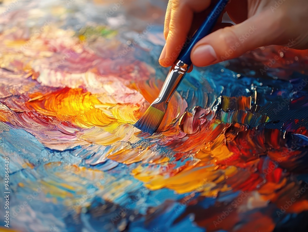 Artist with a paintbrush creating a colorful painting on a canvas in a sunlit studio Artist with a paintbrush creating a colorful painting on a canvas in a sunlit studio
