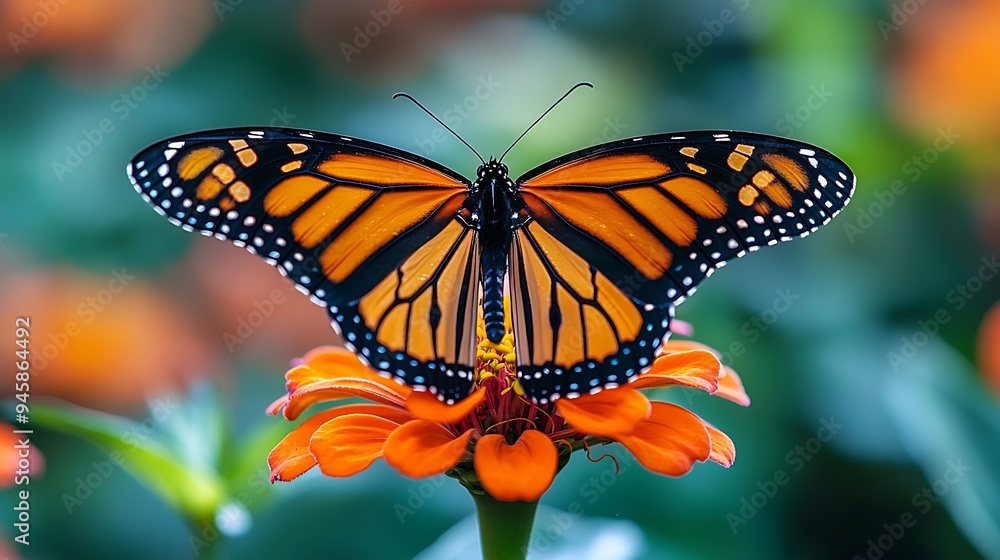 A monarch butterfly perched on an orange zinnia flower in nature. A monarch butterfly perched on an orange zinnia flower in nature.
