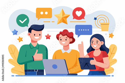 Customer feedback, user experience or client satisfaction, opinion for product and services, review rating or evaluation concept, young adult people giving emoticon feedback such as stars, thumbs up.
