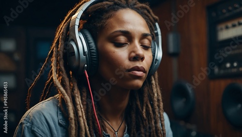 Dreadlocked woman immersed in her music, wearing headphones and lost in her favorite beats