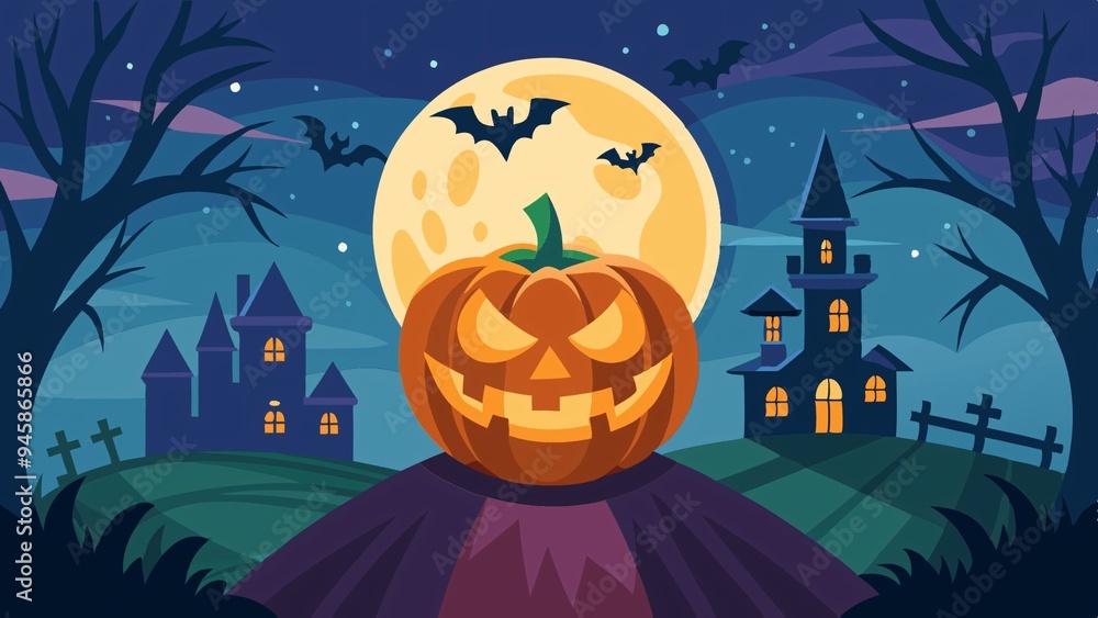 Fototapeta premium Spooky Halloween Night: A Dark Silhouette of a Pumpkin and Bat against a Full Moon