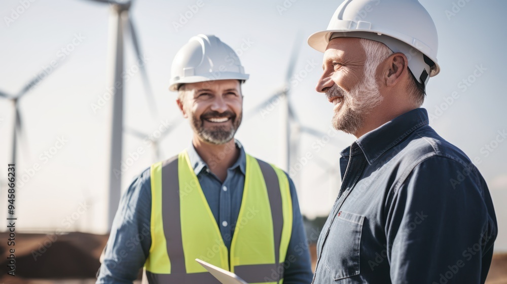 A casual businessman wearing jeans and a worker in white work clothes standing together near solar panels, 