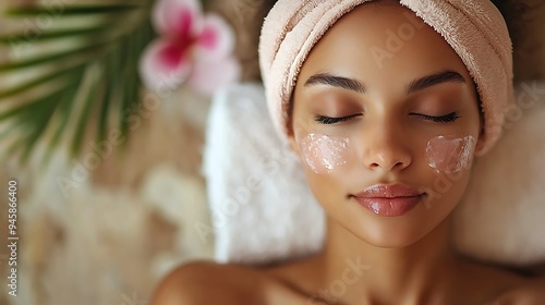 A woman relaxing with a face mask at a spa, exuding calm and tranquility.