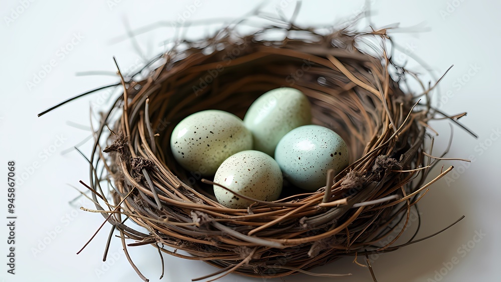 Intricate Bird's Nest with Three Speckled Eggs and Detailed Woven Twigs Isolated Image Intricate Bird's Nest with Three Speckled Eggs and Detailed Woven Twigs Isolated Image