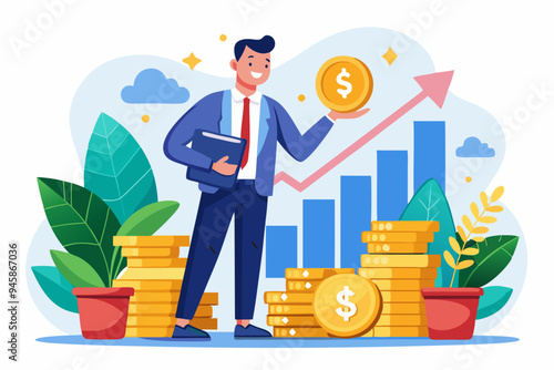 Investment growth compound interest, capital gain profit or wealth accumulation, increase pension fund or revenue, financial success, increase deposit value concept, businessman increase money stack
