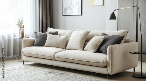 Stylish beige sofa with cozy pillows in a modern living room, highlighted by tasteful decor and soft lighting.