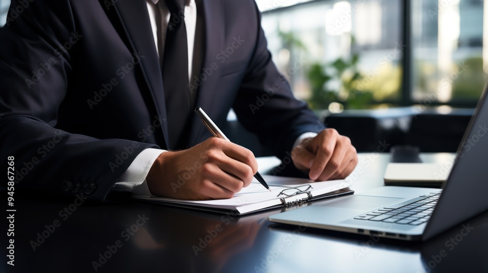 A confident businessman in formal attire holding an open notebook while reviewing documents on his desk, A confident businessman in formal attire holding an open notebook while reviewing documents on his desk,