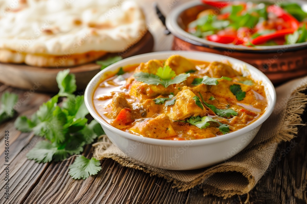 Delicious homemade curry with chicken, fresh coriander, and vibrant vegetables served alongside warm naan on a rustic wooden table Delicious homemade curry with chicken, fresh coriander, and vibrant vegetables served alongside warm naan on a rustic wooden table